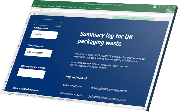 The DEFRA Summary log for UK packaging waste — the spreadsheet PRN Vault fills in for you